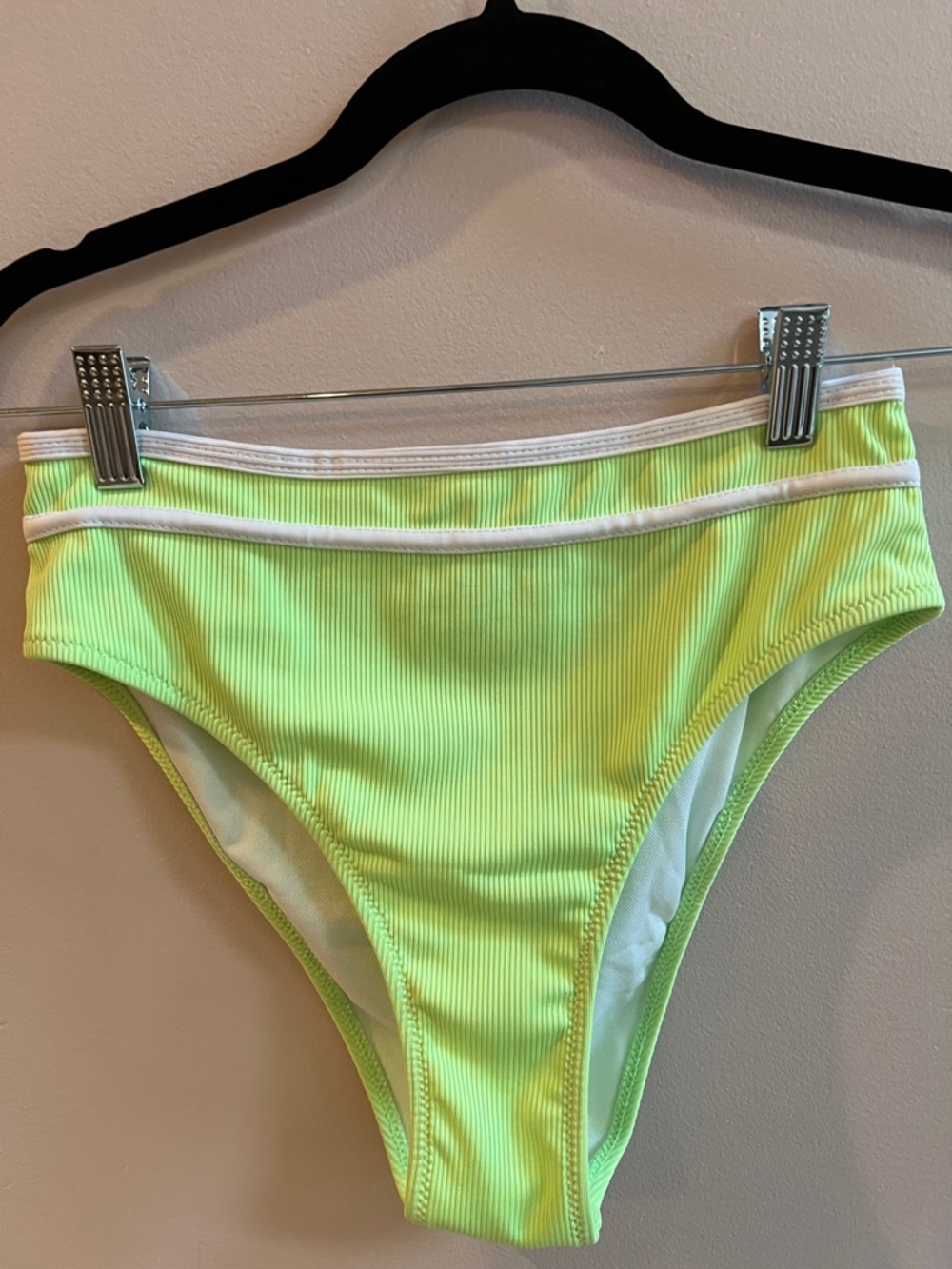 SHEIN Neon Lime Ribbed High-Rise Swim Bikini Bottom with White Trim